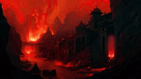 Lava and fire explosion corridor with city of hell with obsidian structure... Stock Footage 239677757