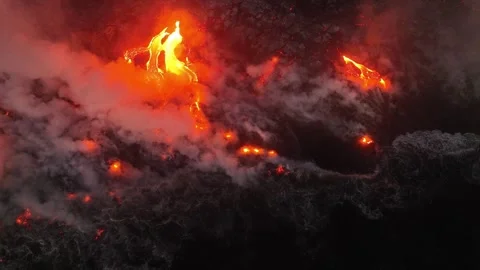 Lava Bursts in Ocean at Pre-Dawn - Aerial Drone - Reunion 2026 Stock Footage 335804564