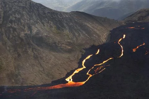Lava field flow during volcanic eruption in Geldingadalir, Reykjanes peninsula Stock Photos