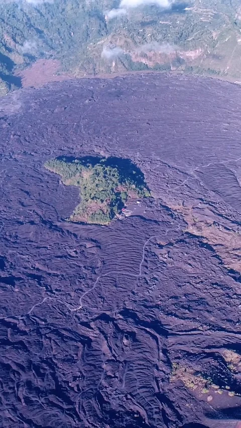 Lava fields at the bottom of volcano Stock Footage 230292435