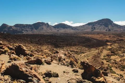 Lava fields at the foot of Teide volcano, Canary Islands Stock Photos