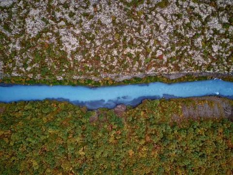 Lava Fields of Iceland top view from drone of the Aerial view. rocks, river a Stock Photos