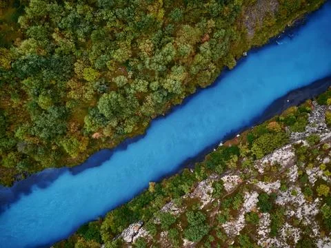 Lava Fields of Iceland top view from drone of the Aerial view. rocks, river a Stock Photos