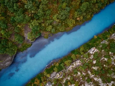 Lava Fields of Iceland top view from drone of the Aerial view. rocks, river a Stock Photos