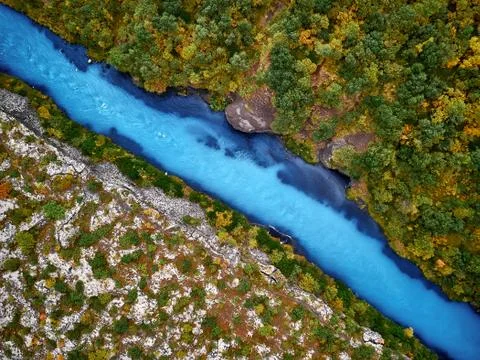Lava Fields of Iceland top view from drone of the Aerial view. rocks, river a Stock Photos