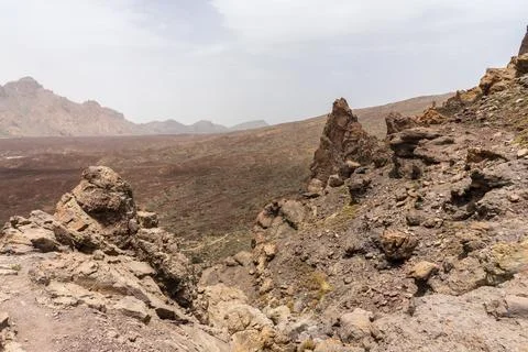 The lava fields of Las Canadas caldera of Teide volcano and rock formations - Stock Photos