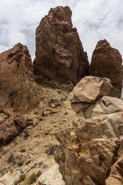 The lava fields of Las Canadas caldera of Teide volcano and rock formations - Stock Photos