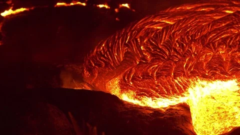 Lava flow close up 4 Night Glowing Hot flow from Kilauea Active Volcano Puu Oo Stock Footage 81756349
