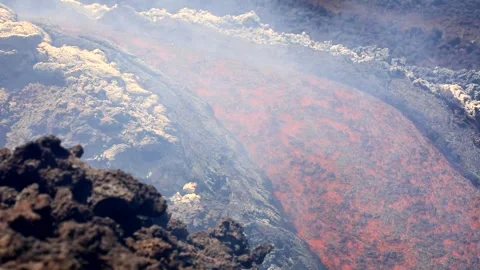 Lava flow close-up flowing in the foreground on erupting Mount Etna Stock Footage 313005161