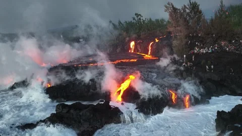 Lava Flow to Ocean - Crowd Watching Close Up - Drone - Reunion 2026 Stock Footage 335804534