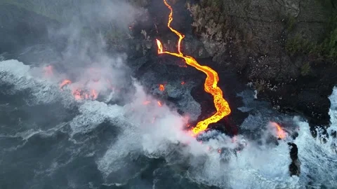 Lava Flow to Ocean at Dawn with Spectators - Drone - Reunion 2026 Stock Footage 335804532