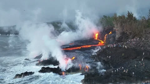 Lava Flow to Ocean with Spectators - Drone View - Reunion Island 2026 Stock Footage 335804512