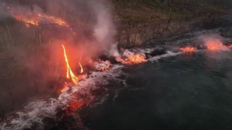 Lava Flow Reaching Ocean at Dawn - Wide Aerial View - Reunion 2026 Stock Footage 335804575