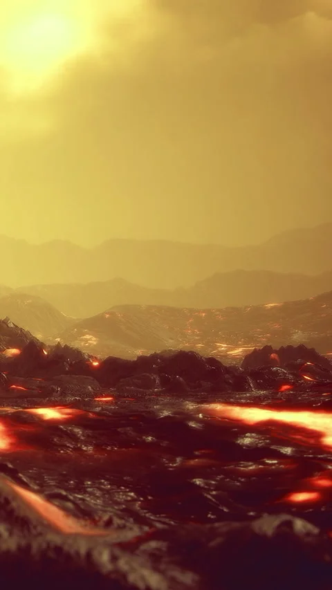 Lava flows across a volcanic landscape during sunset in a distant world Stock Footage 336396696