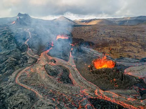 Lava Flows on active volcano aerial view, Mount Fagradalsfjall, Iceland Stock Photos