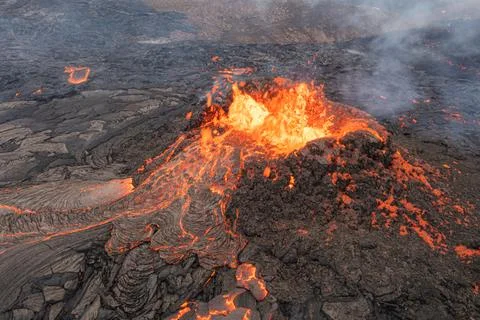 Lava Flows on active volcano aerial view, Mount Fagradalsfjall, Iceland Stock Photos