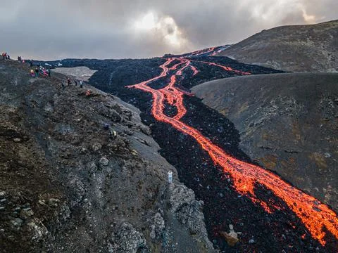 Lava Flows on active volcano aerial view, Mount Fagradalsfjall, Iceland Stock Photos