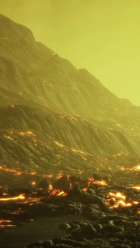 Lava flows down the rocky slope in a volcanic landscape during daytime Stock Footage 334184823