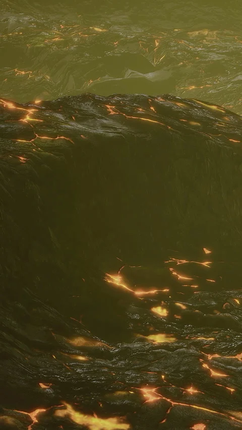 Lava flows gently through rugged terrain beneath a glowing greenish sky Stock Footage 334251830