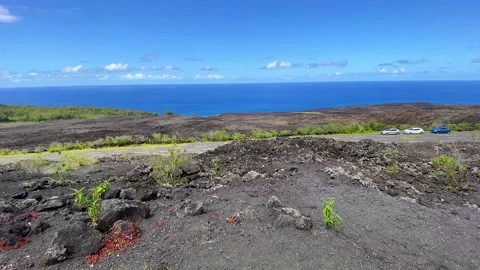 Lava flows of the Grand Brûlé a view of the Indian Ocean on Reunion Island Stock Footage 143000820