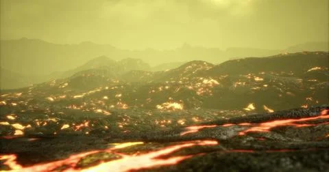 Lava flows illuminate a volcanic landscape under a yellow tinted sky Stock Illustration