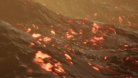 Lava flows on volcanic landscape during evening light near crater edge Stock Footage 339494073