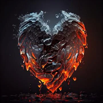 A lava heart with fire flames on black background. Stock Illustration