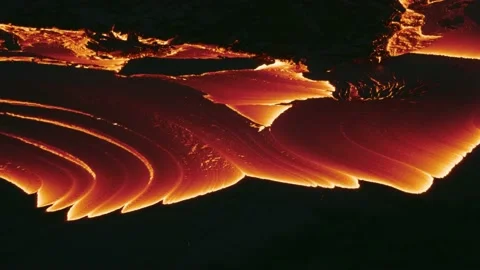 Lava pool at night slowly streaming out of the earth Stock Footage 211787183