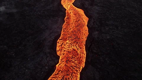 Lava river from active volcano, panoramic aerial view, epic pattern. Iceland Stock Footage 258300563