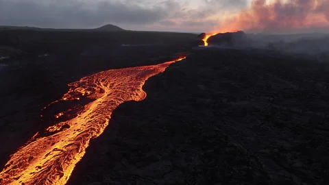 Lava river from active volcano, panoramic aerial view, epic pattern. Iceland Stock Footage 258301956