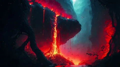Lava waterfall and trees, concept art. Calm and atmospheric background vide.. Stock Footage 237243577