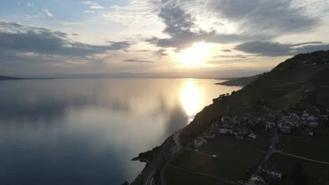 Lavaux Sunset Reflection Drone Rising Over Lake Geneva Vineyards Switzerland Video stock 333028221