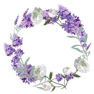 Lavender and peony round frame vector template Stock Illustration
