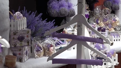 Lavender and products on stand Stock Footage 70321973