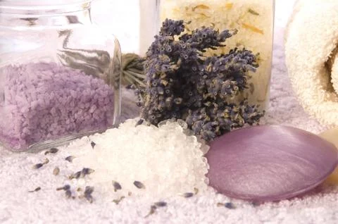 Lavender bath items. aromatherapy Stock Photos