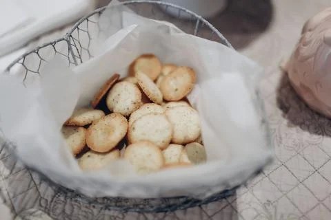 Lavender biscuits in an iron container Stock Photos