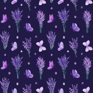 Lavender bouquet, seamless pattern with navanda flowers and butterflies Stock Illustration