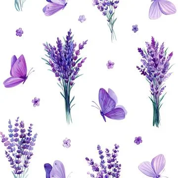 Lavender bouquet, seamless pattern with navanda flowers and butterflies Stock Illustration