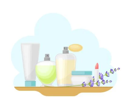 Lavender Branches and Perfume Jars Paris Composition Vector Illustration Stock Illustration