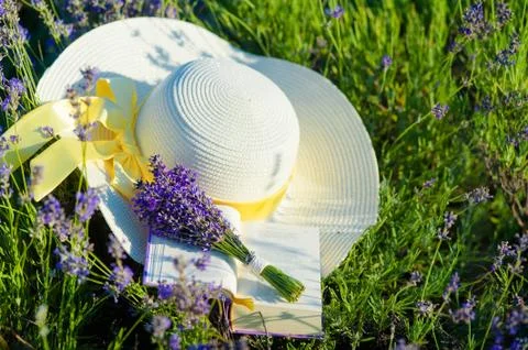 Lavender bunch and straw hat Stock Photos