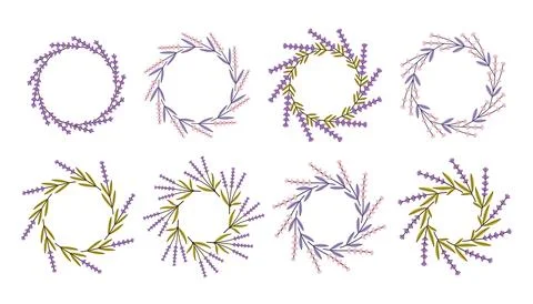 Lavender circle frame set. Floral circle frame. Hand drawn botanical round Stock Illustration
