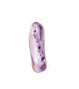Lavender eclair. Watercolour pastry. Painted desert. Food illustration isolated Stock Illustration