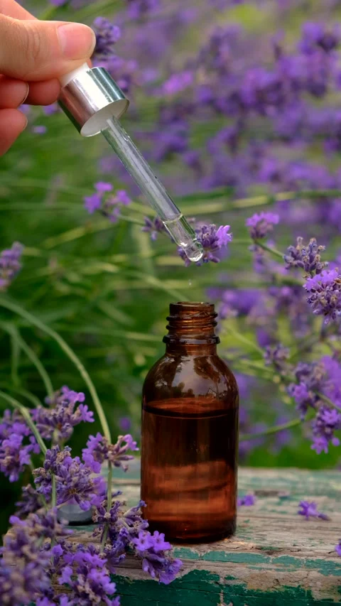 Lavender essential oil in a bottle. Selective focus. Stock Footage 315465670