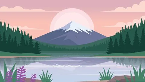 Lavender Evening Lake Flat Design Illustration Landscape Stock Illustration
