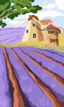 Lavender field with old mill and green tree Stock Illustration