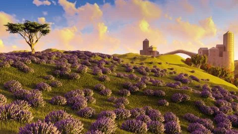Lavender fields landscape 3d rendering Stock-Illustration