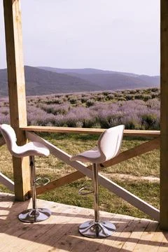Lavender fields on mountains in the background, a place of rest Stock Photos