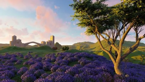 Lavender fields with a solitary tree 3d rendering Stock-Illustration