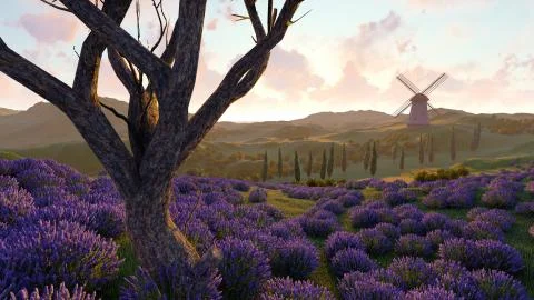 Lavender fields with a solitary tree 3d rendering Stockillustratie