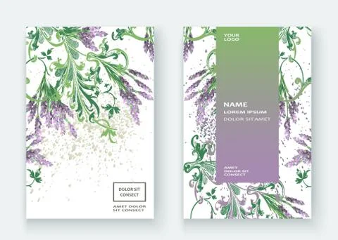 Lavender floral pattern cover design. Hand drawn baroque flower. Elegant tren Stock Illustration